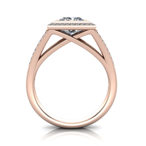 Daphne princess halo engagement ring in 14K Rose Gold, through-finger front profile showing the halo head raised above the pav&eacute; split band