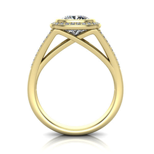 Daphne cushion halo engagement ring in 14K Yellow Gold, through-finger front profile showing the halo head raised above the pav&eacute; split band