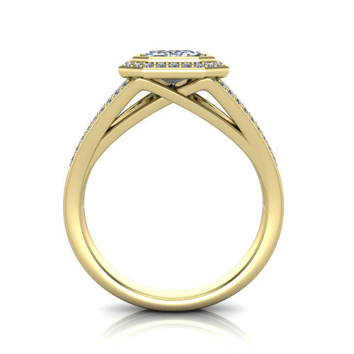 Daphne emerald halo engagement ring in 14K Yellow Gold, through-finger front profile showing the halo head raised above the pav&eacute; split band