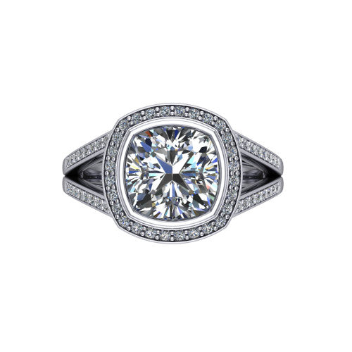 Daphne cushion halo engagement ring in 14K White Gold, top-down view showing the center diamond framed by a pav&eacute; halo where the split shank meets the head