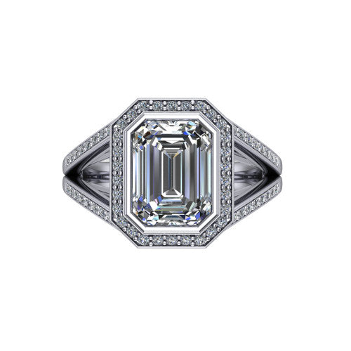 Daphne emerald halo engagement ring in 14K White Gold, top-down view showing the center diamond framed by a pav&eacute; halo where the split shank meets the head