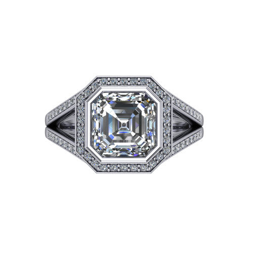 Daphne asscher halo engagement ring in Platinum, top-down view showing the center diamond framed by a pav&eacute; halo where the split shank meets the head