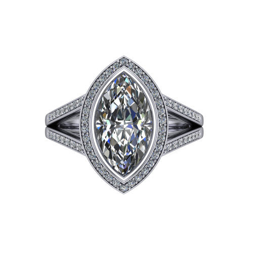 Daphne marquise halo engagement ring in Platinum, top-down view showing the center diamond framed by a pav&eacute; halo where the split shank meets the head