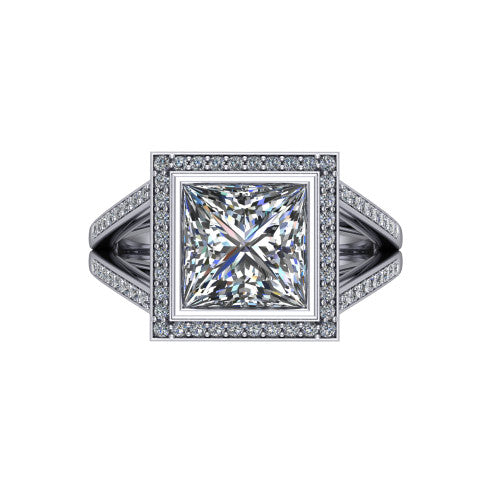 Daphne princess halo engagement ring in 18K White Gold, top-down view showing the center diamond framed by a pav&eacute; halo where the split shank meets the head