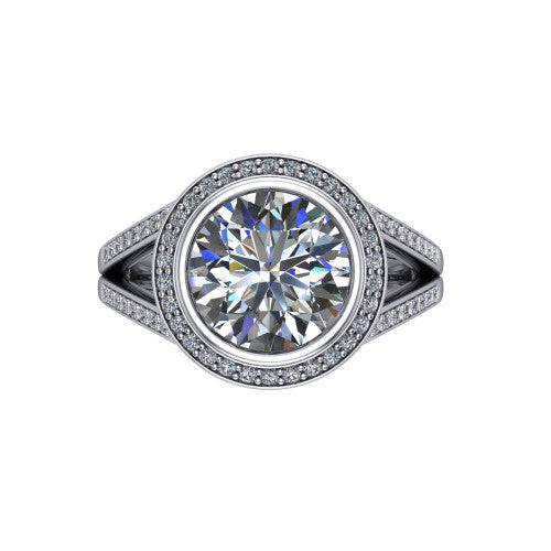 Daphne round halo engagement ring in 18K White Gold, top-down view showing the center diamond framed by a pav&eacute; halo where the split shank meets the head