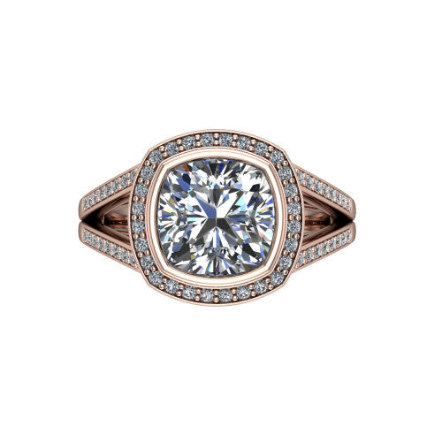Daphne cushion halo engagement ring in 18K Rose Gold, top-down view showing the center diamond framed by a pav&eacute; halo where the split shank meets the head