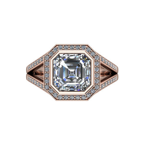 Daphne asscher halo engagement ring in 14K Rose Gold, top-down view showing the center diamond framed by a pav&eacute; halo where the split shank meets the head