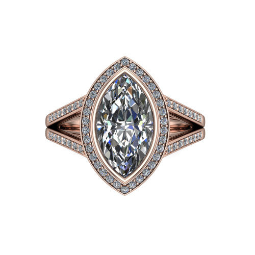 Daphne marquise halo engagement ring in 14K Rose Gold, top-down view showing the center diamond framed by a pav&eacute; halo where the split shank meets the head
