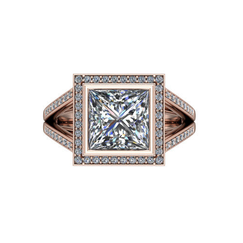 Daphne princess halo engagement ring in 18K Rose Gold, top-down view showing the center diamond framed by a pav&eacute; halo where the split shank meets the head