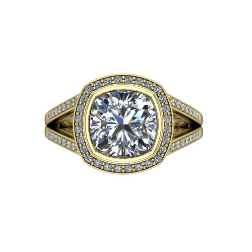 Daphne cushion halo engagement ring in 18K Yellow Gold, top-down view showing the center diamond framed by a pav&eacute; halo where the split shank meets the head