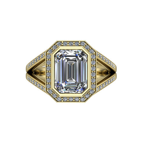 Daphne emerald halo engagement ring in 14K Yellow Gold, top-down view showing the center diamond framed by a pav&eacute; halo where the split shank meets the head