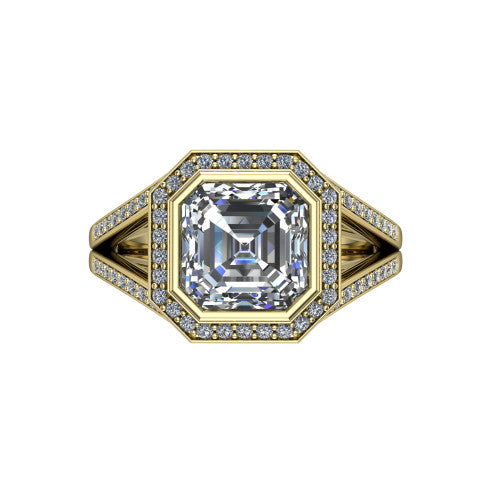 Daphne asscher halo engagement ring in 14K Yellow Gold, top-down view showing the center diamond framed by a pav&eacute; halo where the split shank meets the head