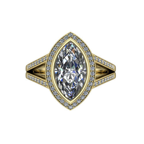 Daphne marquise halo engagement ring in 18K Yellow Gold, top-down view showing the center diamond framed by a pav&eacute; halo where the split shank meets the head