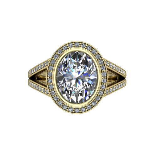 Daphne oval halo engagement ring in 14K Yellow Gold, top-down view showing the center diamond framed by a pav&eacute; halo where the split shank meets the head