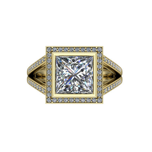 Daphne princess halo engagement ring in 18K Yellow Gold, top-down view showing the center diamond framed by a pav&eacute; halo where the split shank meets the head
