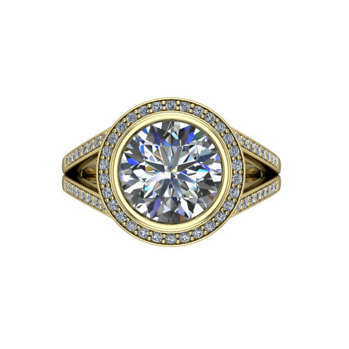 Daphne round halo engagement ring in 14K Yellow Gold, top-down view showing the center diamond framed by a pav&eacute; halo where the split shank meets the head