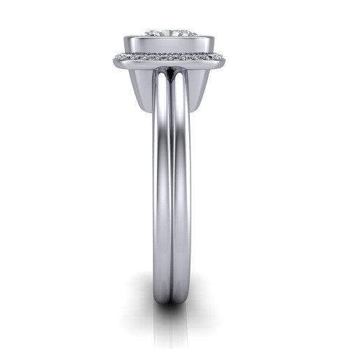 Maggie cushion halo engagement ring in 14K White Gold, side profile showing the bezel-framed halo head and the two polished rails of the split shank