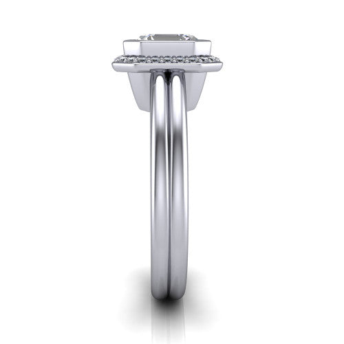 Maggie asscher halo engagement ring in Platinum, side profile showing the bezel-framed halo head and the two polished rails of the split shank