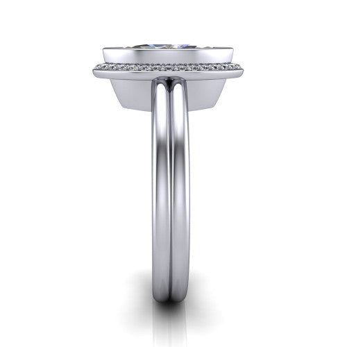Maggie marquise halo engagement ring in 14K White Gold, side profile showing the bezel-framed halo head and the two polished rails of the split shank
