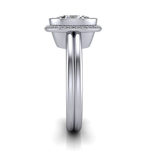 Maggie oval halo engagement ring in Platinum, side profile showing the bezel-framed halo head and the two polished rails of the split shank