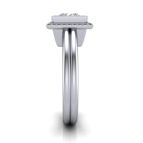 Maggie princess halo engagement ring in 18K White Gold, side profile showing the bezel-framed halo head and the two polished rails of the split shank