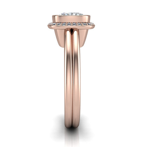 Maggie cushion halo engagement ring in 14K Rose Gold, side profile showing the bezel-framed halo head and the two polished rails of the split shank
