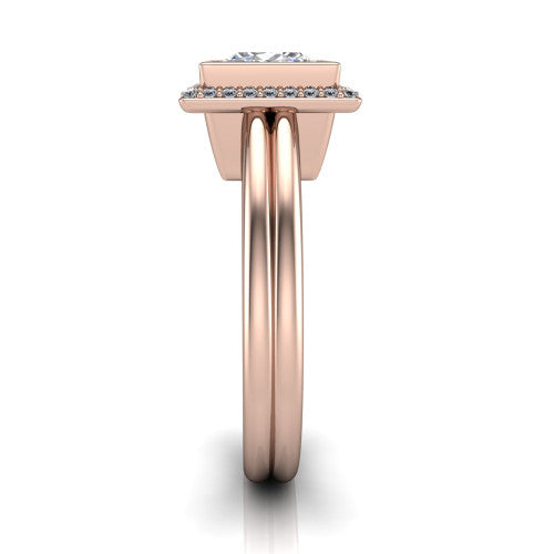 Maggie princess halo engagement ring in 18K Rose Gold, side profile showing the bezel-framed halo head and the two polished rails of the split shank