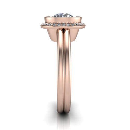 Maggie round halo engagement ring in 18K Rose Gold, side profile showing the bezel-framed halo head and the two polished rails of the split shank