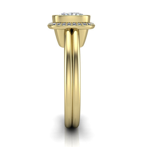 Maggie cushion halo engagement ring in 18K Yellow Gold, side profile showing the bezel-framed halo head and the two polished rails of the split shank