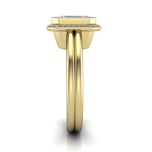 Maggie emerald halo engagement ring in 14K Yellow Gold, side profile showing the bezel-framed halo head and the two polished rails of the split shank