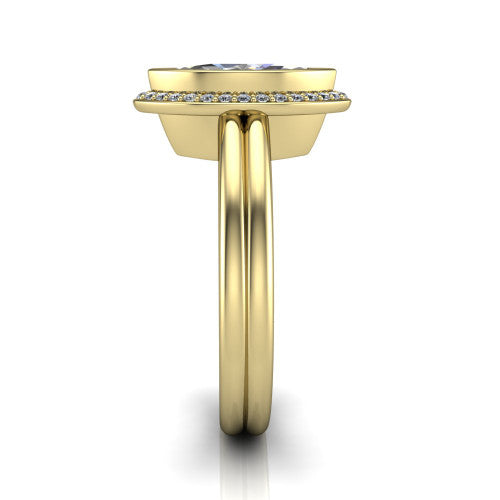 Maggie marquise halo engagement ring in 18K Yellow Gold, side profile showing the bezel-framed halo head and the two polished rails of the split shank