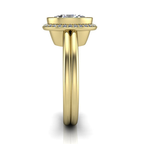 Maggie oval halo engagement ring in 18K Yellow Gold, side profile showing the bezel-framed halo head and the two polished rails of the split shank