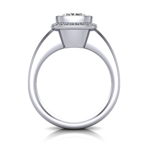 Maggie cushion halo engagement ring in Platinum, through-finger front profile showing the haloed center raised above the polished double-rail band