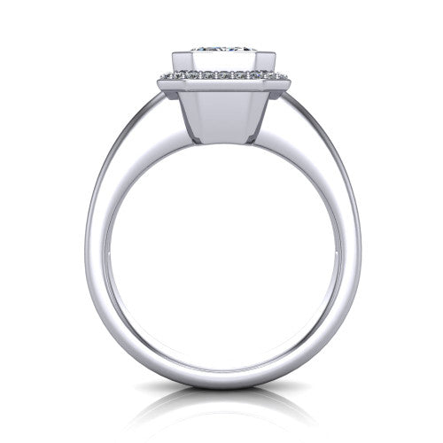 Maggie emerald halo engagement ring in 14K White Gold, through-finger front profile showing the haloed center raised above the polished double-rail band