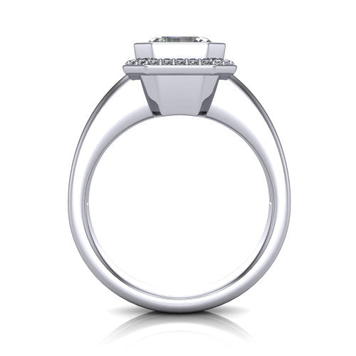 Maggie asscher halo engagement ring in 18K White Gold, through-finger front profile showing the haloed center raised above the polished double-rail band
