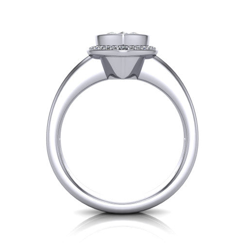 Maggie marquise halo engagement ring in 18K White Gold, through-finger front profile showing the haloed center raised above the polished double-rail band
