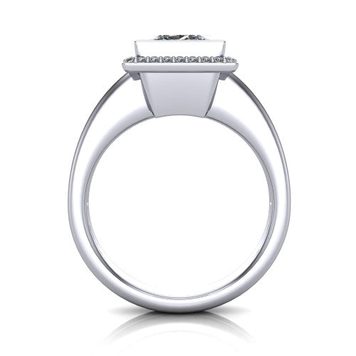 Maggie princess halo engagement ring in Platinum, through-finger front profile showing the haloed center raised above the polished double-rail band