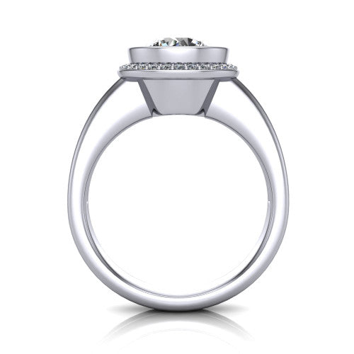 Maggie round halo engagement ring in 14K White Gold, through-finger front profile showing the haloed center raised above the polished double-rail band