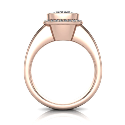 Maggie cushion halo engagement ring in 18K Rose Gold, through-finger front profile showing the haloed center raised above the polished double-rail band