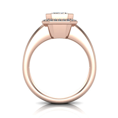 Maggie emerald halo engagement ring in 18K Rose Gold, through-finger front profile showing the haloed center raised above the polished double-rail band
