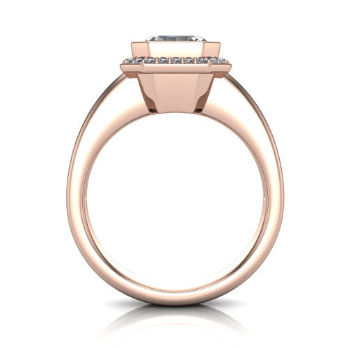 Maggie asscher halo engagement ring in 14K Rose Gold, through-finger front profile showing the haloed center raised above the polished double-rail band