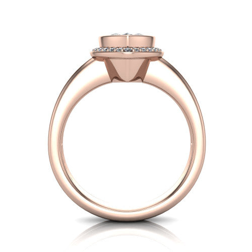 Maggie marquise halo engagement ring in 14K Rose Gold, through-finger front profile showing the haloed center raised above the polished double-rail band