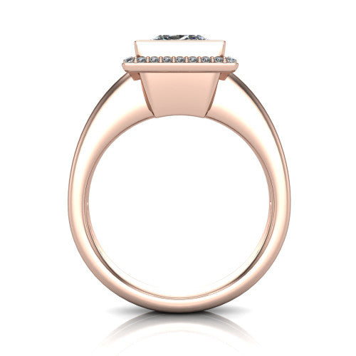 Maggie princess halo engagement ring in 14K Rose Gold, through-finger front profile showing the haloed center raised above the polished double-rail band