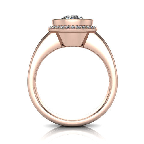 Maggie round halo engagement ring in 18K Rose Gold, through-finger front profile showing the haloed center raised above the polished double-rail band