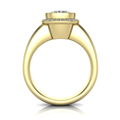 Maggie cushion halo engagement ring in 18K Yellow Gold, through-finger front profile showing the haloed center raised above the polished double-rail band