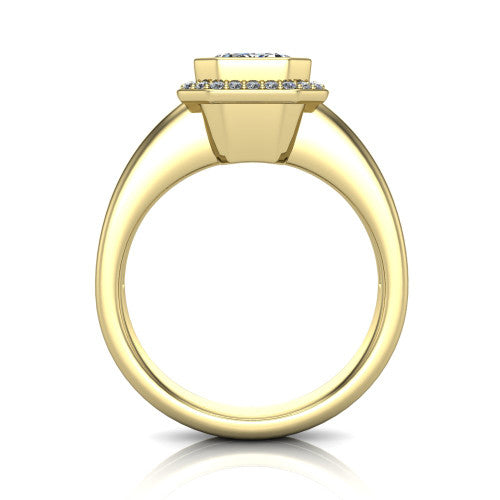 Maggie emerald halo engagement ring in 18K Yellow Gold, through-finger front profile showing the haloed center raised above the polished double-rail band
