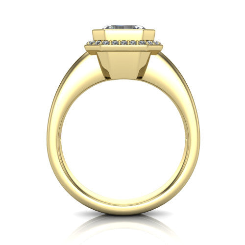 Maggie asscher halo engagement ring in 18K Yellow Gold, through-finger front profile showing the haloed center raised above the polished double-rail band