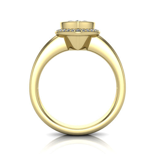 Maggie marquise halo engagement ring in 18K Yellow Gold, through-finger front profile showing the haloed center raised above the polished double-rail band