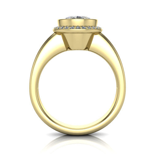 Maggie oval halo engagement ring in 18K Yellow Gold, through-finger front profile showing the haloed center raised above the polished double-rail band