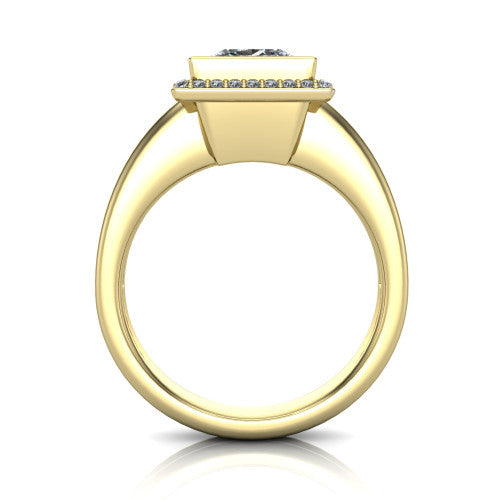 Maggie princess halo engagement ring in 14K Yellow Gold, through-finger front profile showing the haloed center raised above the polished double-rail band